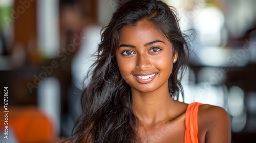 Portrait of smiling asian indian model with clean teeth for dental ad on defocused background