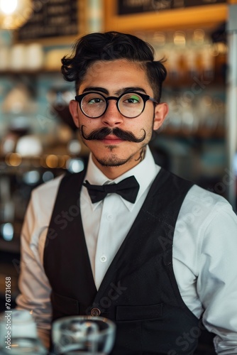 Portrait of Stylish Barista with Mustache, Glasses and Bow tie Behind Coffee Bar in Cafe