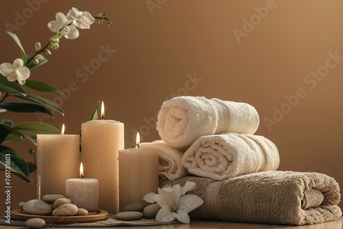 Serene spa ambiance with candles and towels