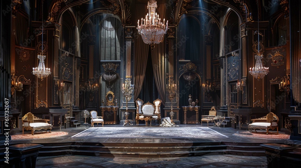 A stage design inspired by a particular era in history, incorporating period-specific elements and decor.