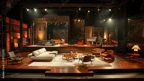 A stage design featuring custom-built furniture and seating for a cohesive aesthetic.