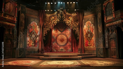 A stage design featuring intricate patterns and motifs inspired by traditional textiles or architecture.