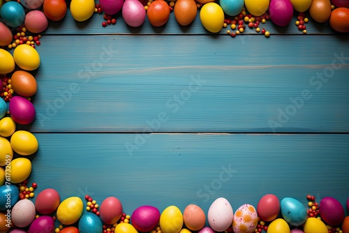 Colorful Easter egg double border against a yellow wood background - generative ai