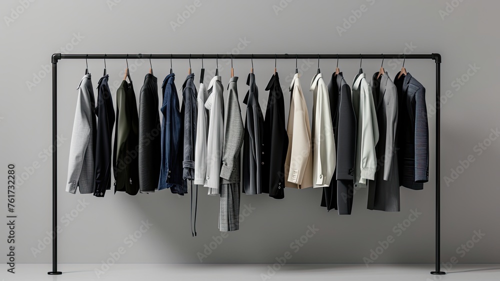 a rack adorned with stylish spring outfits for men, elegantly hung on hangers against a sophisticated grey background, capturing the essence of contemporary menswear. a rack adorned with stylish spring outfits for men, elegantly hung on hangers against a sophisticated grey background, capturing the essence of contemporary menswear.