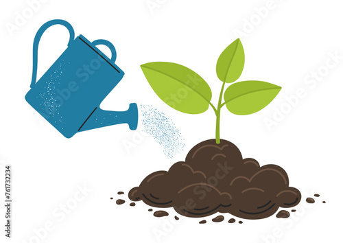 Watering can pours water on a young plant growth from soil. Farming and agriculture illustration. Take care of plant.