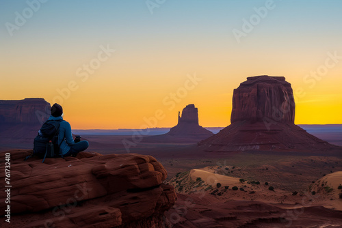 A solitary figure sitting on a smooth, red sandstone rock in the middle of a vast desert at dawn, watching the sunsrise