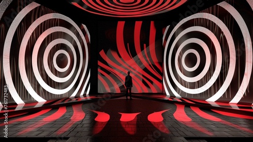 A stage design inspired by optical illusions, with patterns and shapes that deceive the eye.