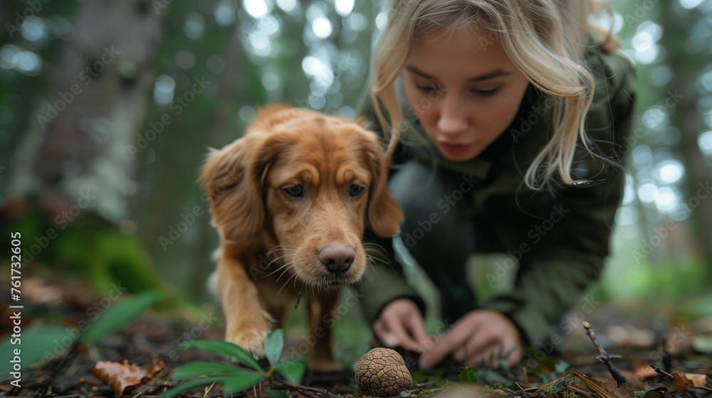 Woman examines truffle, dog found in forest.