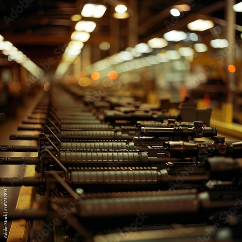 Close-up shot of rows of finished rifles lined up for inspection in the quality control department of the factory 