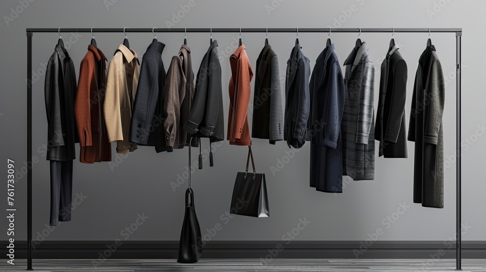 a rack adorned with stylish spring outfits for men, elegantly hung on hangers against a sophisticated grey background, capturing the essence of contemporary menswear. a rack adorned with stylish spring outfits for men, elegantly hung on hangers against a sophisticated grey background, capturing the essence of contemporary menswear.