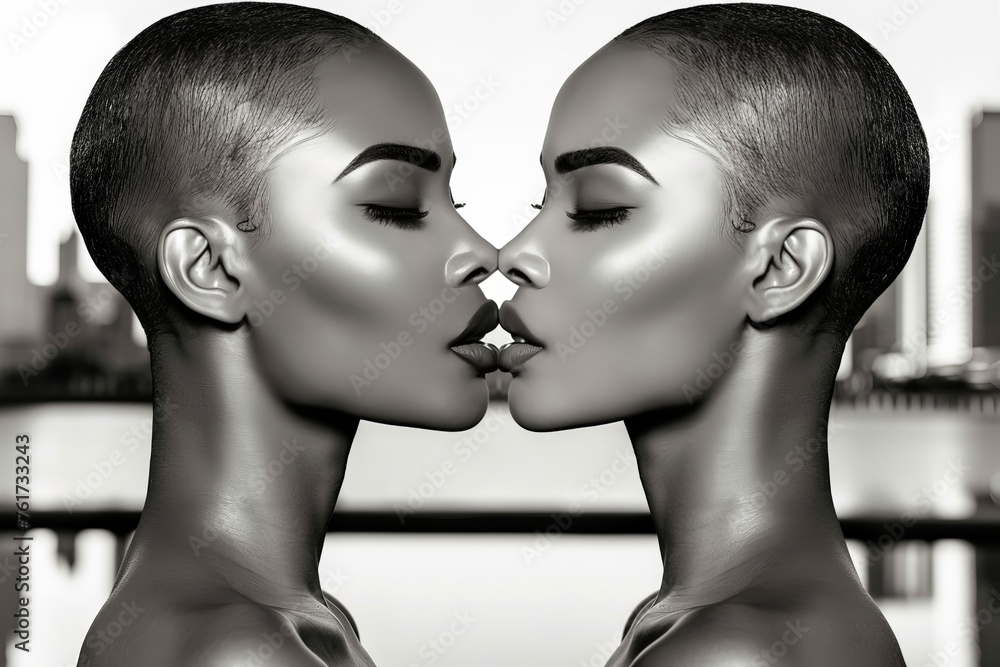 Symmetric image of a beautiful black woman kissing her own image