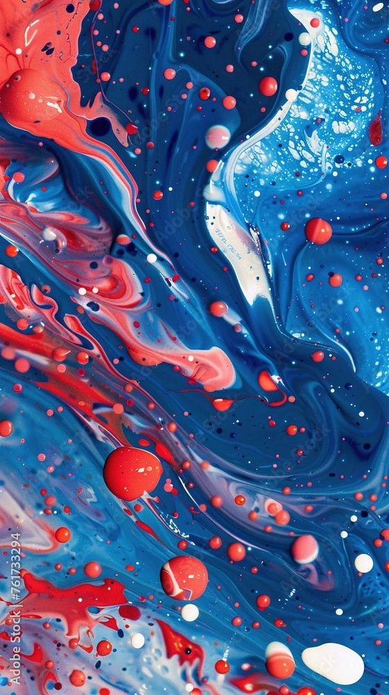 mix of red white blue color paints with blended drops on fluid while forming abstract patterns against blue background mix of red white blue color paints with blended drops on fluid while forming abstract patterns against blue background