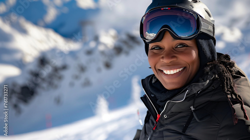 Smiling Woman Wearing Ski Goggles With Snowy Mountains in the Background