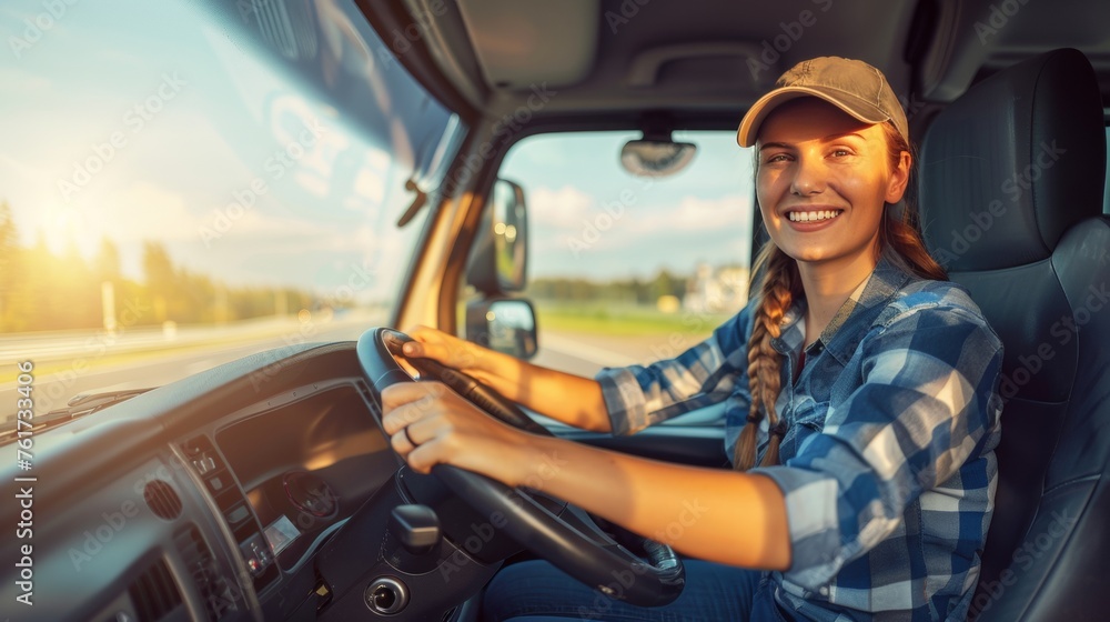 Happy female truck driver driving large truck with blurred city background space for text Happy female truck driver driving large truck with blurred city background space for text