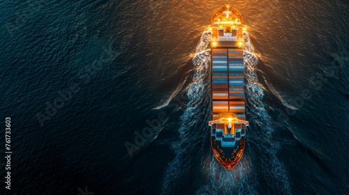Aerial view of colorful container cargo ship in deep blue sea with copy space for text placement © Ilja