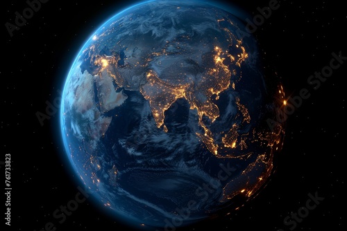 Planet Earth from outer space at night with city lights. 3d illustration