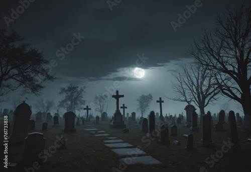 Halloween day concept. Cemetery or graveyard in the night with dark sky. Haunted cemetery. Spooky and creepy burial ground. Horror scene of graveyard. Funeral concept. Halloween day background.