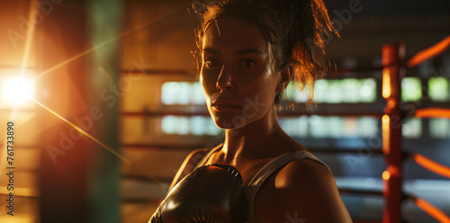 A close-up portrait of a confident female boxer in the ring, showcasing her beautiful face.