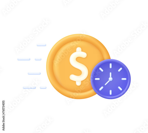 3D Easy loan illustration. Dollar and clock icons. Credit payment. Fast money icon