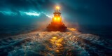 Navigational aid helps ships safely navigate hazardous shallow waters at night. Concept Marine navigation, Lighthouse beacons, Navigational signals, Safety at sea, Nighttime routes