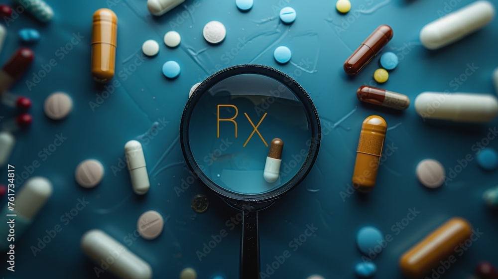 a magnifying glass, text "RX" in the middle, capsules pills - obrazy, fototapety, plakaty 