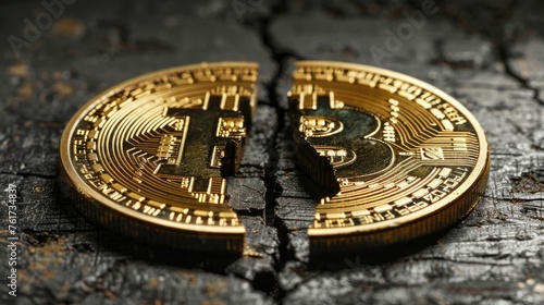 A golden Bitcoin coin broken in half on a cracked dark surface, symbolizing market volatility or halving event.
 photo