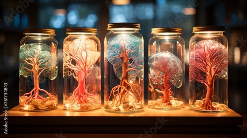 glass medical jars with multi-colored neurobiological anatomical organs and skeletal parts on a dark background. Concept: anatomy, medical research, scientific research, neurobiology photo