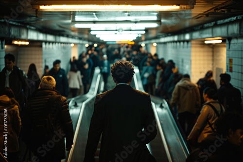 A lone individual stands out amidst the hustle and bustle of a crowded underground station photo