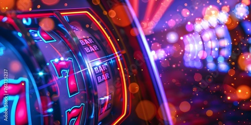 Conceptual photo of casino slot machines lighting up with luck and excitement. Concept Casino, Luck, Excitement, Slot Machines, Conceptual Photo