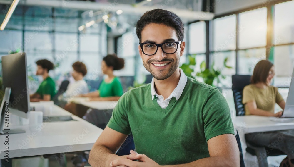 Cheerful man with glasses and a green t-shirt is smiling at the camera, seated in a modern office with co-workers and computers in the background Cheerful man with glasses and a green t-shirt is smiling at the camera, seated in a modern office with co-workers and computers in the background