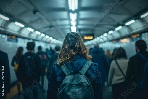An image capturing the hustle of commuters walking through a subway station, signaling the rush of urban daily life photo