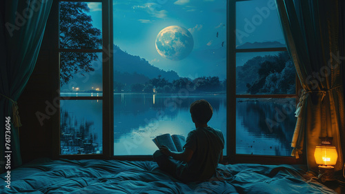 Boy reading by the moonlight at a scenic window - An atmospheric image capturing a young boy immersed in reading by the windowsill under the calming moonlight