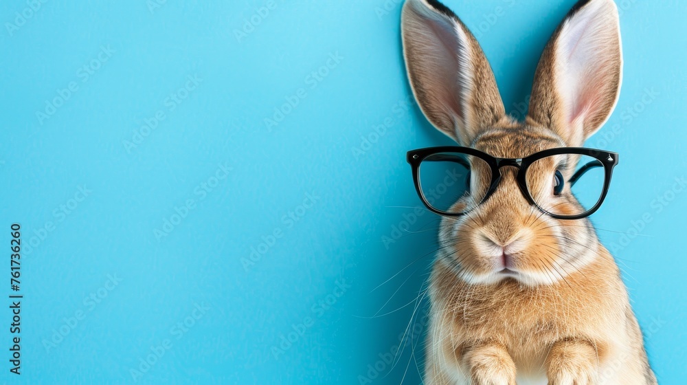 Adorable rabbit wearing glasses in front of studio background with copy space for text placement