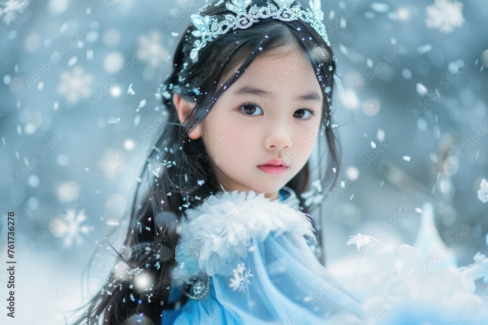 Little girl in a snow princess costume - A dreamy little girl adorned as a snow princess surrounded by gently falling snowflakes