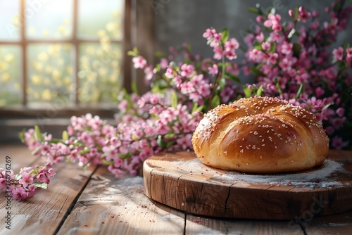 spring Bagutte on wooden table and bakery background ,photorealistic, cooking ideas