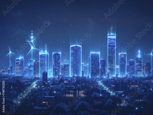 Eco-friendly city powered by clean technology, buildings outlined in neon blue.