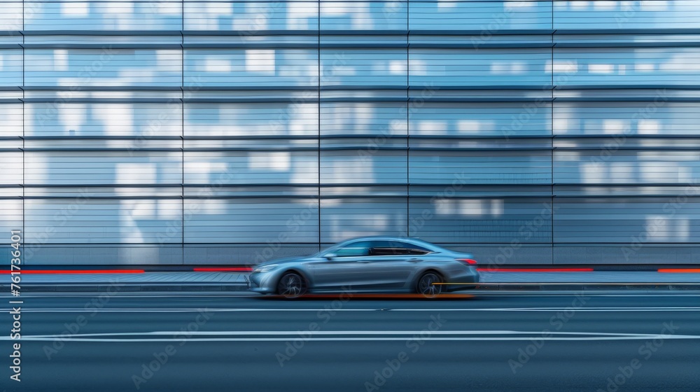a blurred car is in the background silver wall 