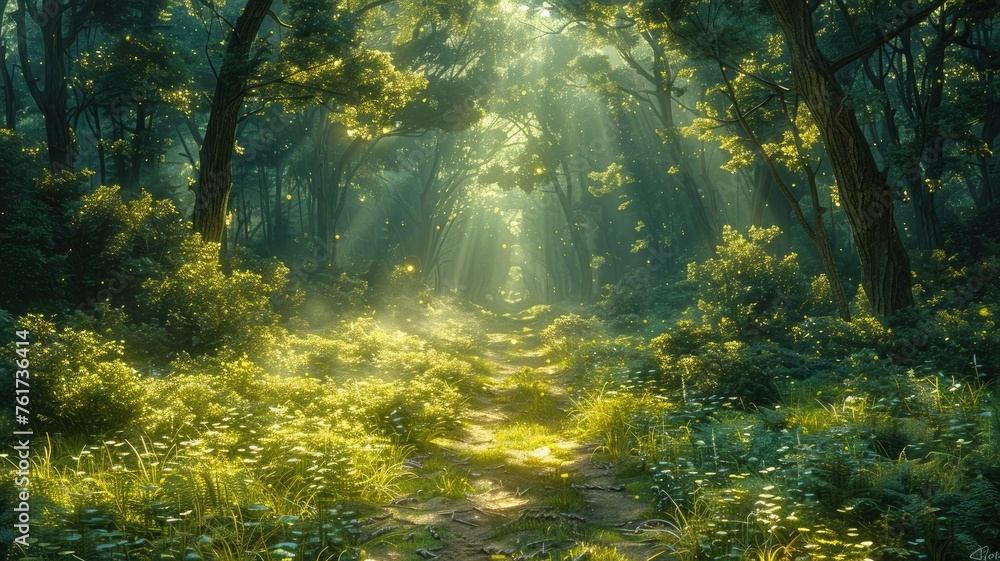 Sunbeam trail in a mystical forest setting - This artwork captures a serene morning with sunbeams dancing through a vibrant green forest