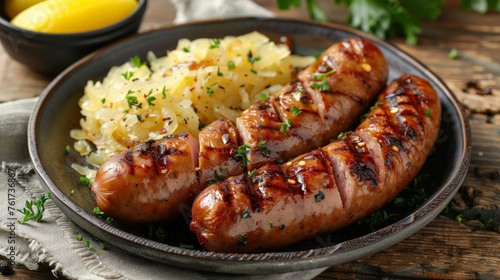 Two grilled German sausages with sauerkraut and potatoes 