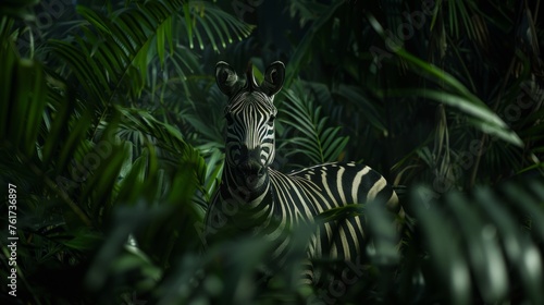 Zebra peeking curiously through lush dark tropical jungle leaves in the wild nature.