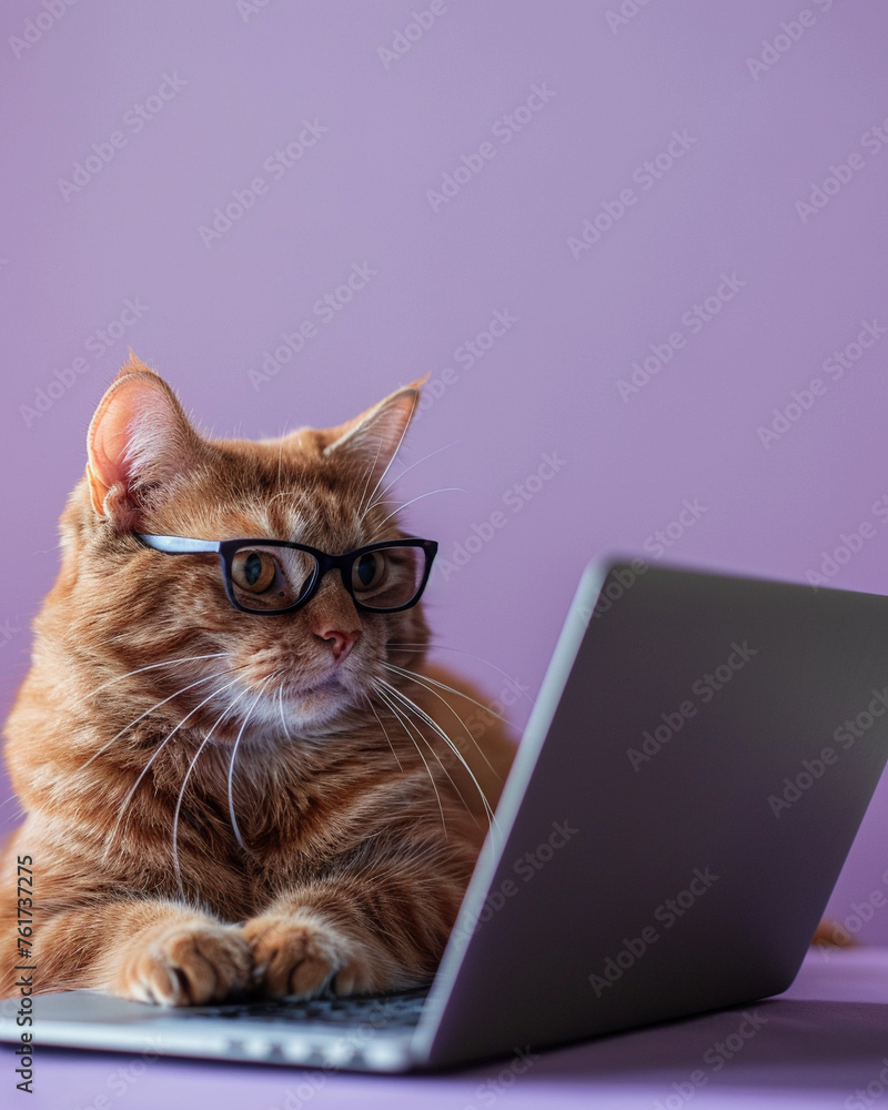 cat looking at laptop in glasses on purple background cat looking at laptop in glasses on purple background