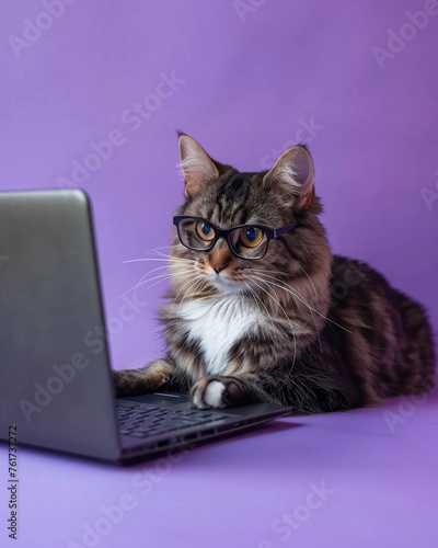cat looking at laptop in glasses on purple background