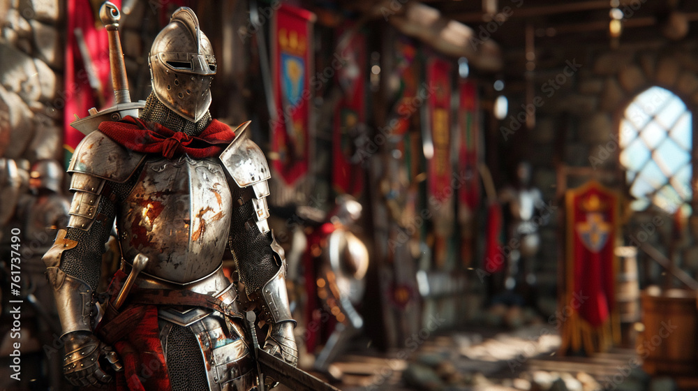 Craft an image of a medieval armory brimming with weapons and armor ready to equip knights for the challenges of battle Craft an image of a medieval armory brimming with weapons and armor ready to equip knights for the challenges of battle