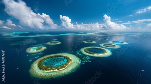 A small island sits in the vast expanse of the ocean, with waves crashing against its rocky shores under a clear sky.