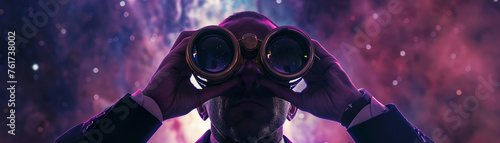 Evil boss observing a multiverse through mercury coated binoculars photo