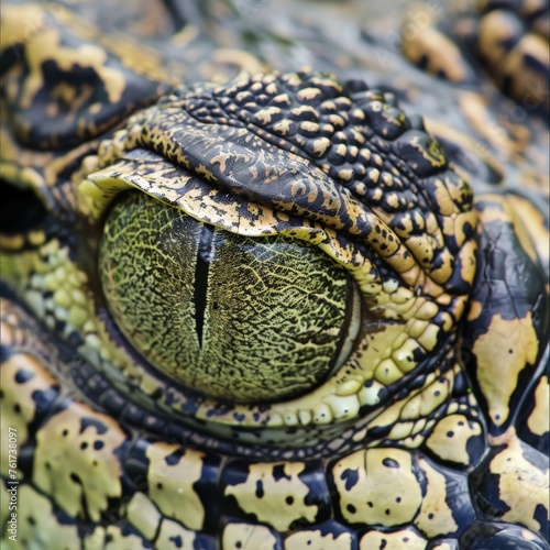 a close up of an alligators eye