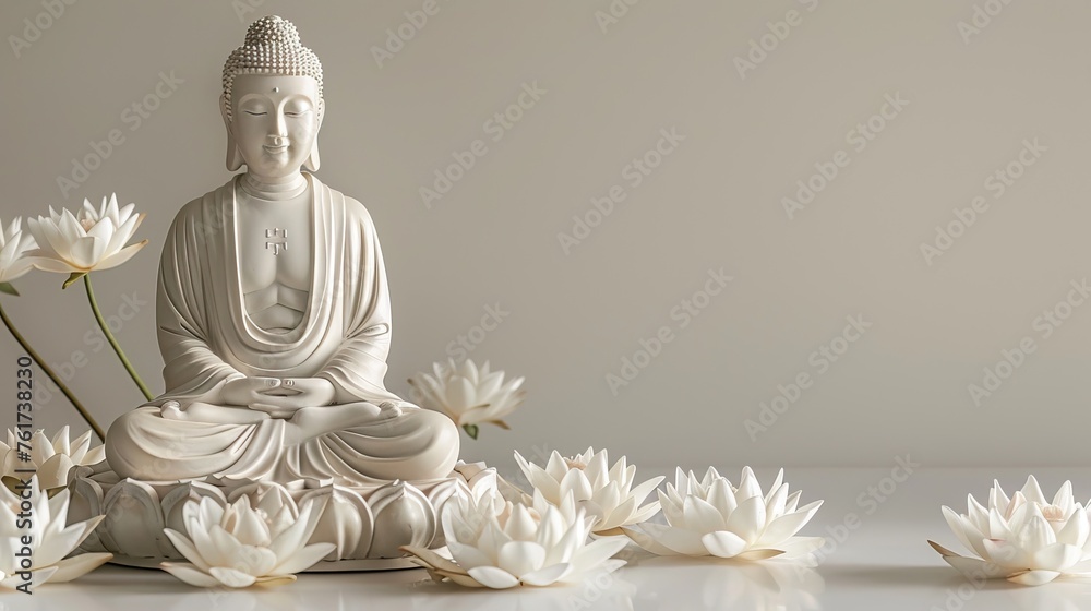 White Budha statue with wjite lotus and candles on water on light background. Happy Wesak day. Budha birthday concept.