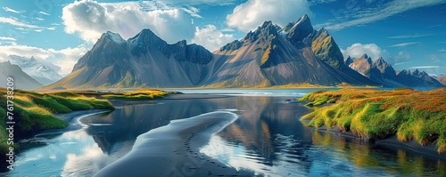 Mountains, water and black sand in Iceland.