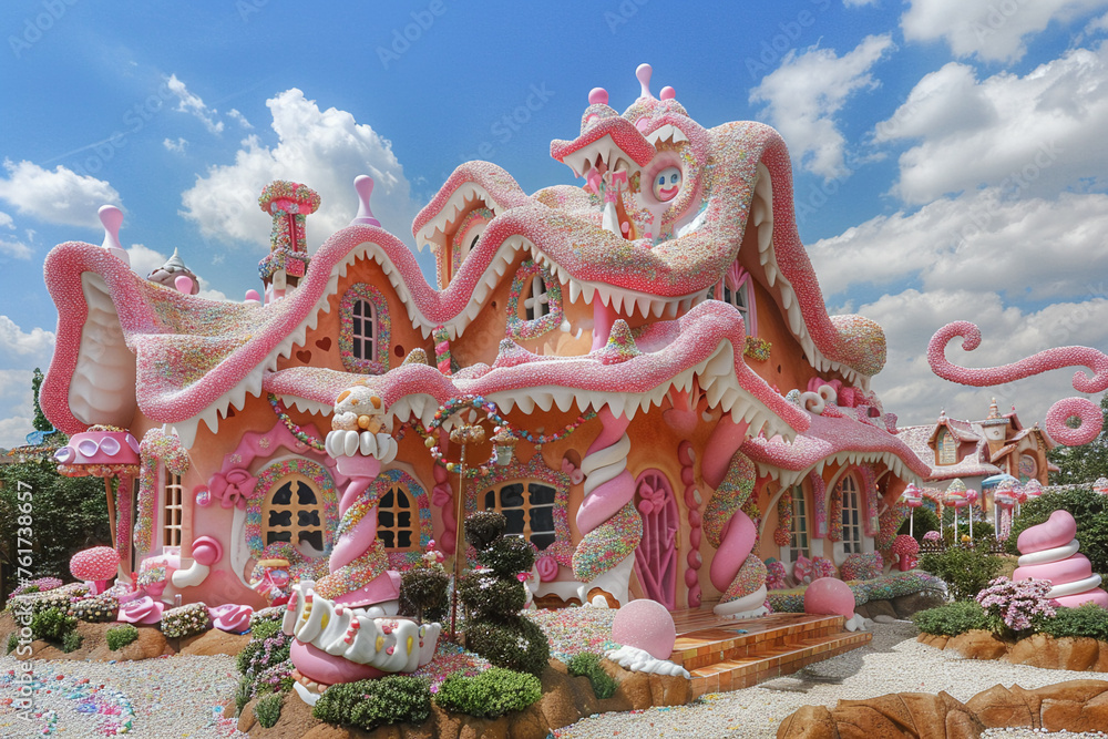Fototapeta premium In the whimsical world of Candyland colorful and delightful houses made of sweets and treats beckon visitors with their sugary charm creating a paradise for those with a sweet tooth