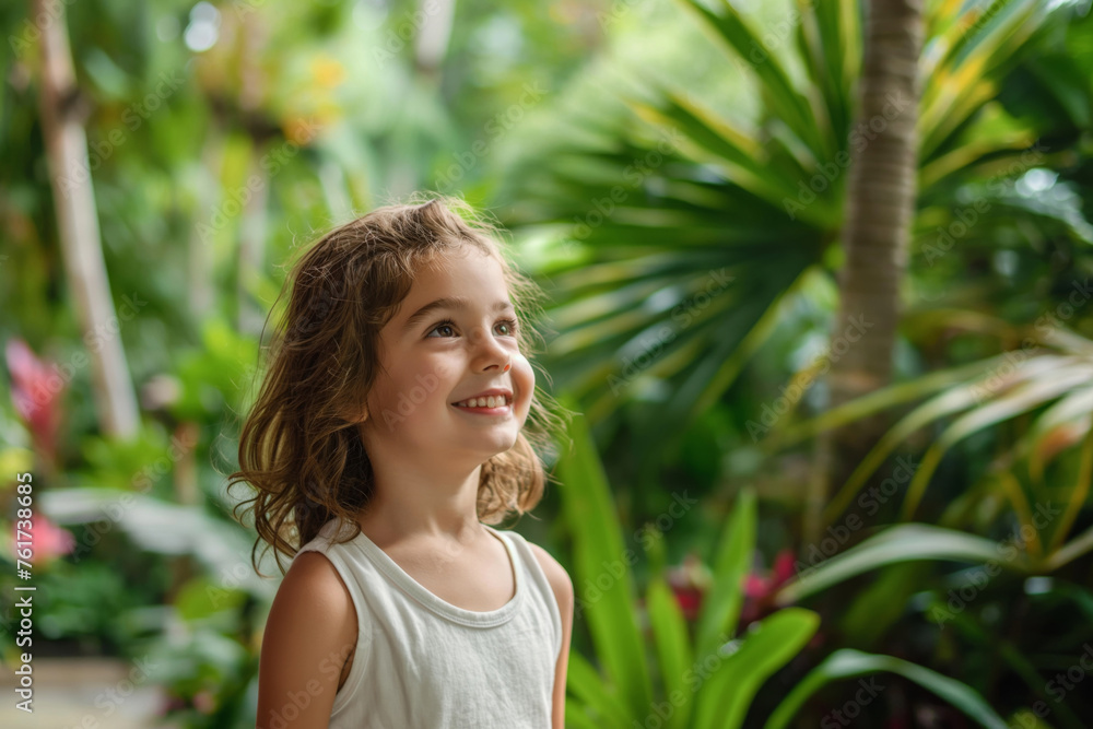 Smiling young girl enjoys the lush surroundings of a vibrant tropical garden Smiling young girl enjoys the lush surroundings of a vibrant tropical garden